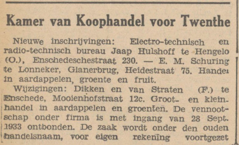Mooienhofstraat 12c Dikken en van Straten Groot- rn kleinhadel in aardappelen en groenten. krantenbericht 2-12-1933.jpg
