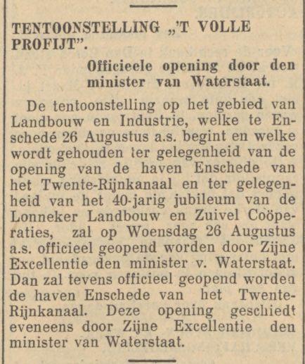 Tentoonstelling 't Volle Profijt opening Haven Enschede van Twente-Rijnkanaal. krantenbericht 7-8-1936.jpg