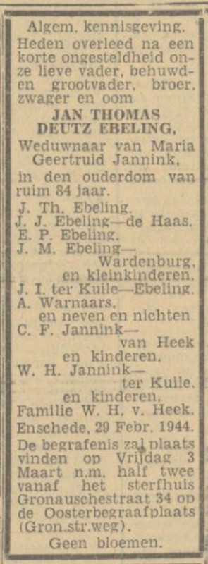Gronausestraat 34 J.Th. Ebeling overlijdensadvertentie Tubantia 1-3-1944.jpg