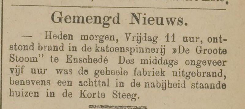 Korte Steeg Katoenspinnerij de Groote Sttom brand krantenbericht 6-10-1890.jpg