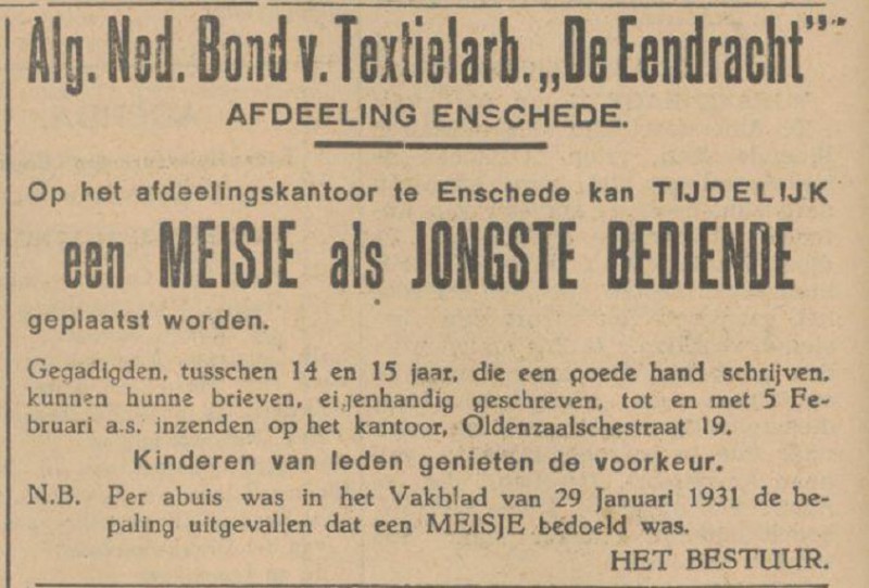 Oldenzaalsestraat 19 Textielarbeidersbond De Eendracht advertentie Tubantia 31-1-1931.jpg