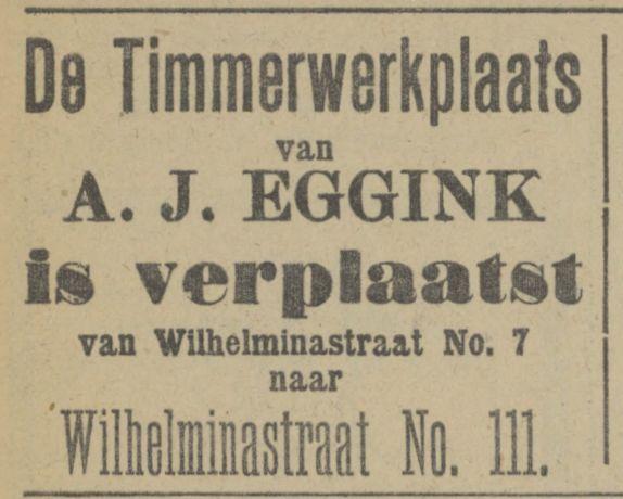 Wilhelminastraat 111 A.J. Eggink timmerwerkplaats advertentie Tubantia 5-7-1913.jpg