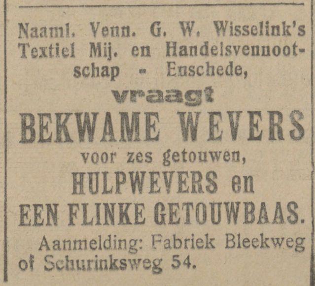 Bleekweg NV G.W. Wisselink's Textiel Maatschappij en Handelsvennootschap advertentie Tubantia 31-5-1922.jpg