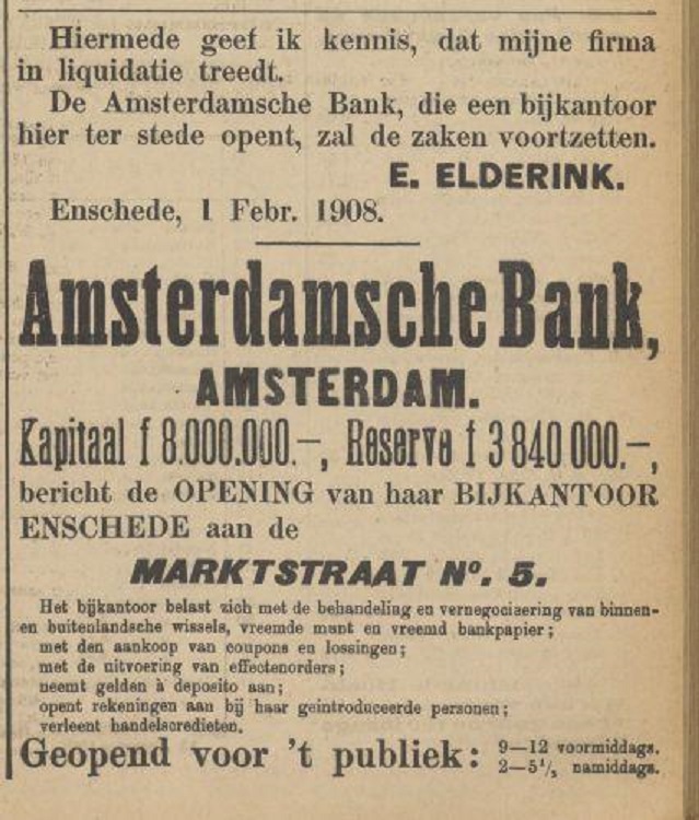 Marktstraat 5 E. Elderink bijkantoor Amsterdamsche Bank advertentie Tubantia 4-2-1908.jpg