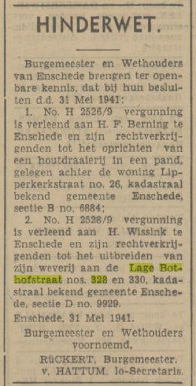 Lage Bothofstraat 328-330 Weverij H. Wissink Hinderwet krantenbericht Tubantia 31-5-1941.jpg