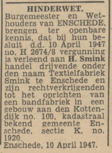 Kottendijk 100 Textielfabriek Smink hinderwet krantenbericht Tubantia 15-4-1947.jpg