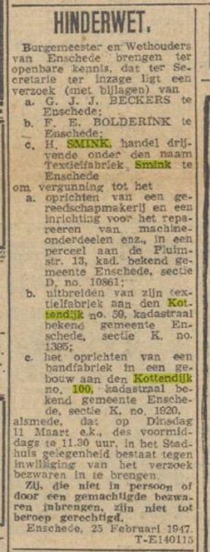 Kottendijk 59 Textielfabriek F.E. Bolderink hinderwet krantenbericht Tubantia 1-3-1947.jpg