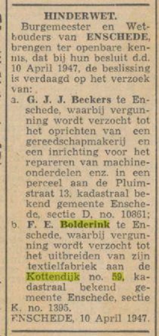 Kottendijk 59 Textielfabriek F.E. Bolderink hinderwet krantenbericht Tubantia 15-4-1947.jpg