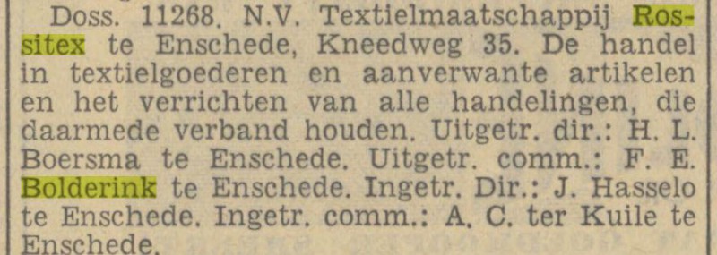 Kneedweg 35 N.V. Textielmaatschappij Rossitex comm. F.E. Bolderink krantenbericht Tubantia 22-5-1939.jpg