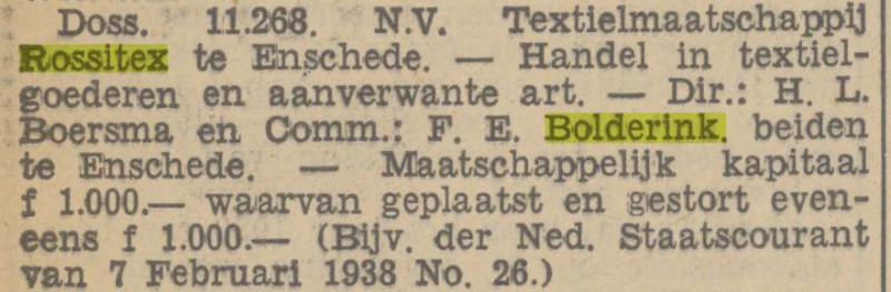 N.V. Textielmaatschappij Rossitex comm. F.E. Bolderink krantenbericht Tubantia 2-3-1938.jpg