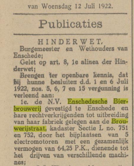Brouwerijstraat Enschedesche Bierbrouwerij krantenbericht Tubantia 12-7-1922.jpg