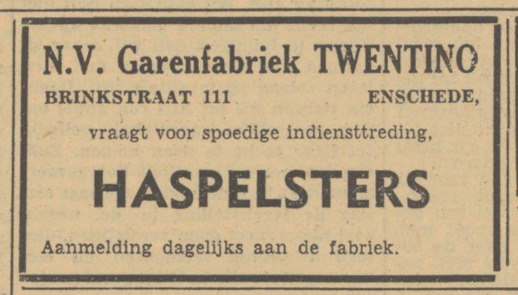 Brinkstraat 111 N.V. Garenfabriek Twentino advertentie Tubantia 8-11-1951.jpg