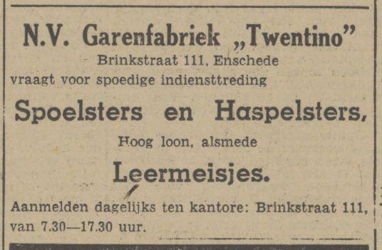 Brinkstraat 111 N.V. Garenfabriek Twentino advertentie Tubantia 20-3-1947.jpg