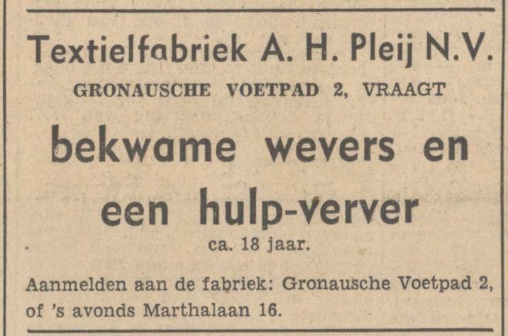 Gronause voetpad 2 N.V. Textielfabriek A.H. Pleij advertentie Tubantia 5-4-1947.jpg