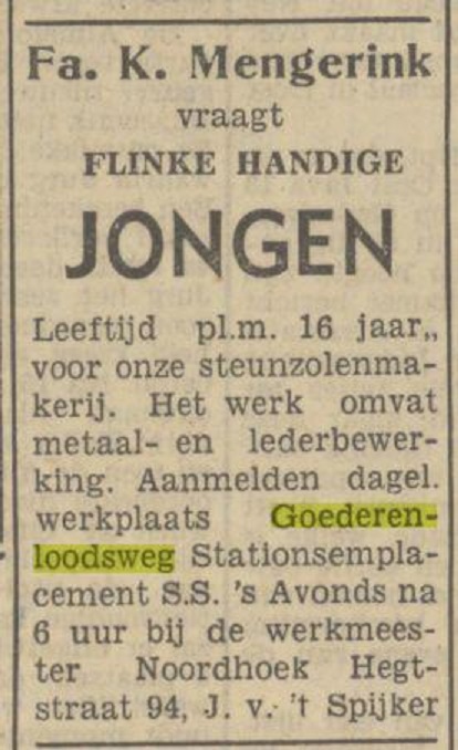 Goederenloodsweg Stationsemplacement S.S. Firma K. Mengerink advertentie Tubantia 20-2-1951.jpg