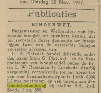 Goederenloodsweg Station S.S. Firma G. Plarvoet krantenbericht Tubantia 15-11-1927.jpg