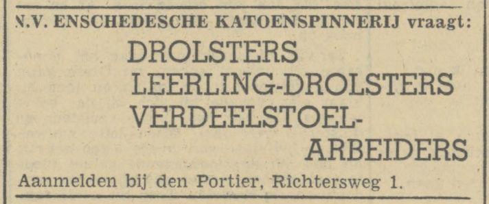 Richtersweg 1 N.V. Enschedesche Katoenspinnerij advertentie Tubantia 10-10-1946.jpg
