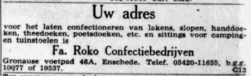 Gronausevoetpad 48a Fa. Roko Confectiebedrijven advertentie De Telegraaf 15-4-1967.jpg