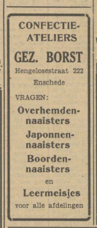 Hengelosestraat 222 confectie-ateliers Gez. Borst advertentie Tubantia 21-2-1951.jpg