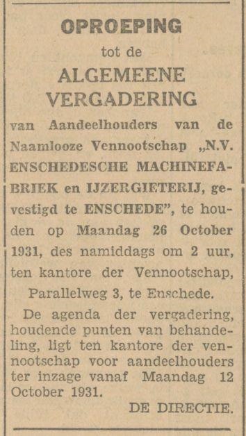 Parallelweg 3 Enschedesche Machinefabriek en IJzergieterij advertentie Tubantia 10-10-1931jpg.jpg