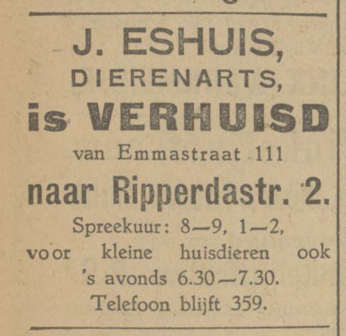 Emmastraat 111 J. Eshuis dierenarts advertentie Tubantia 2-11-1927.jpg