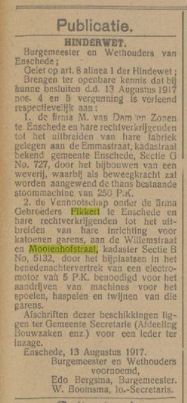 Mooienhofstraat Gebr. Fikkert Hinderwet Tubantia 14-8-1917.jpg