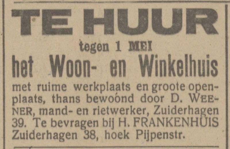 Zuiderhagen 38 hoek Pijpenstraat H. Frankenhuis advertentie Tubantia 5-1-1916.jpg