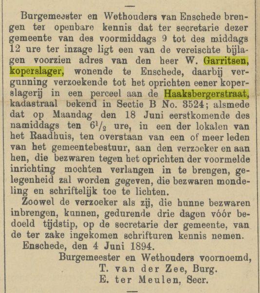 Haaksbergerstraat W. Garritsen koperslager krantenbericht Tubantia 6-6-1894.jpg