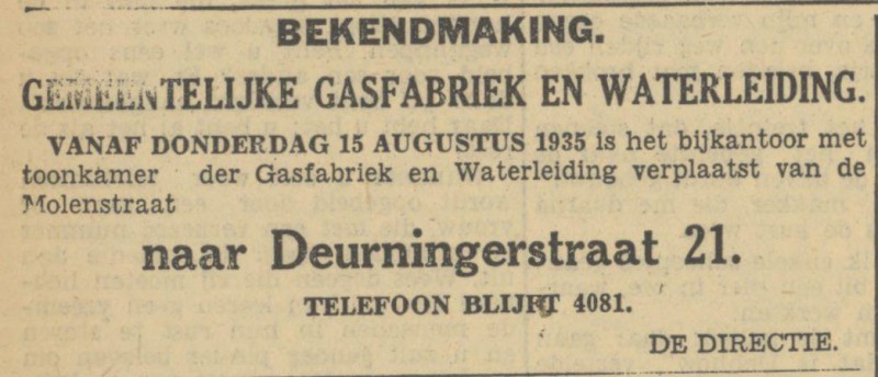 Molenstraat Gasfabriek bijkantoor met toonkamer advertentie Tubantia 15-8-1935.jpg