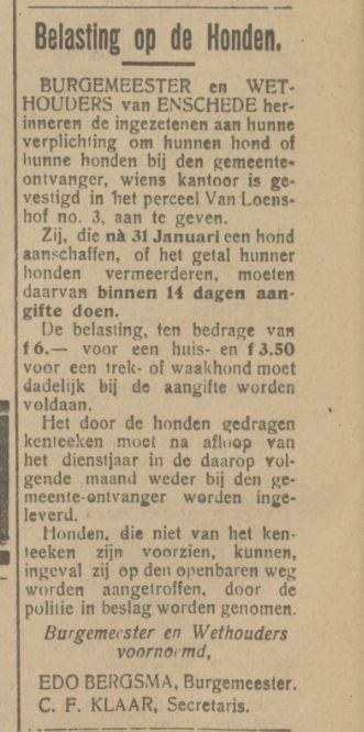 van Loenshof 3 Gemeente-Ontvanger krantenbericht Tubantia 26-1-1922.jpg