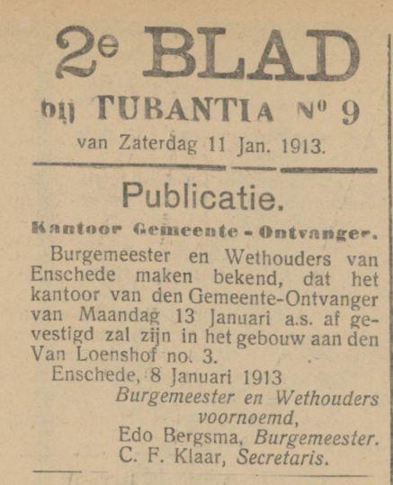 van Loenshof 3 Gemeente-Ontvanger krantenbericht Tubantia 11-1-1913.jpg