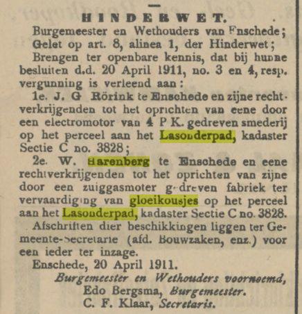 Lasonderpad W. Harenberg Hinderwet bericht Tubantia 22-4-1911.jpg