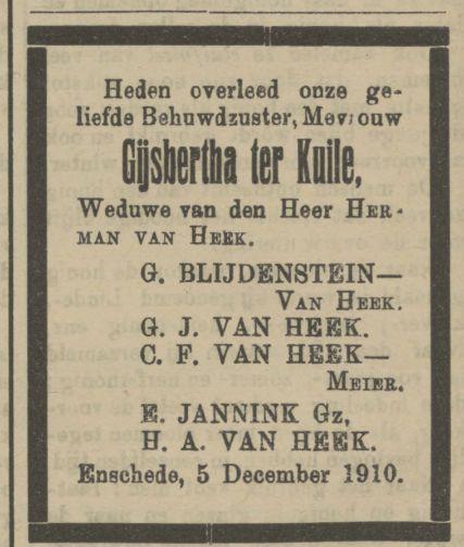 Gijbertha van Heek-ter Kuile overlijdensadvertentie Tubantia 8-12-1910.jpg