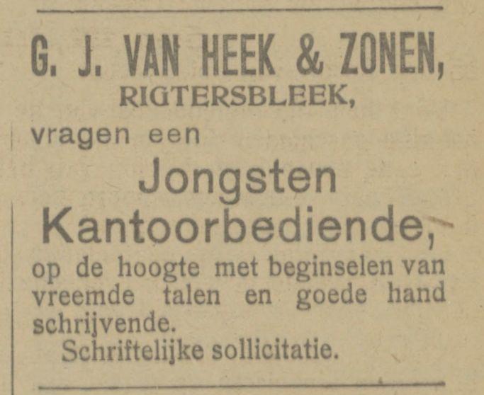 G.J. van Heek & Zonen, Rigtersbleek advertentie Tubantia 4-6-1921.jpg