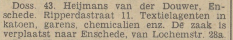 Ripperdastraat 11 Heijmans van der Douwer Textielagenten in katoen, garens, chemicalien enz. krantenbericht Tubantia 30-9-1939.jpg