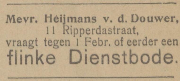 Ripperdastraat 11 Mevr. Heijmans v.d. Douwer advertentie Tubantia 29-12-1921.jpg