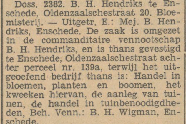 Oldenzaalsestraat 20 B.H. Hendriks Bloemisterij krantenbericht Tubantia 20-9-1932.jpg