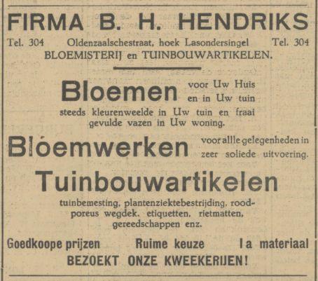 Oldenzaalsestraat hoek Lasondersingel B.H. Hendriks Bloemisterij advertentie Tubantia 30-4-1932.jpg