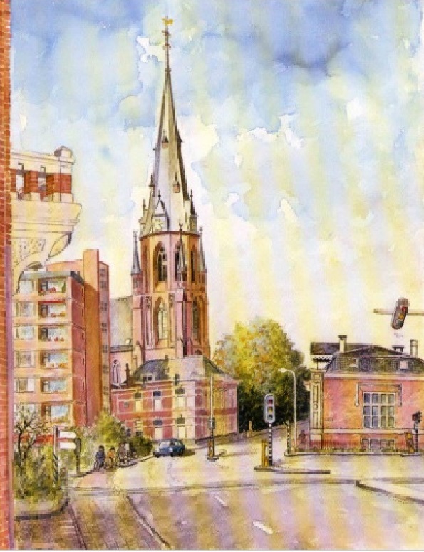 Oldenzaalsestraat Met Jozefkerk. Repro van aquarel van Anton Reuvers. 1994.jpg