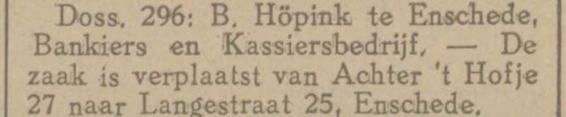Achter 't Hofje 27 B. Höpink Bankiers en Kassiersbedrijf krantenbericht Tubantia 13-6-1924.jpg