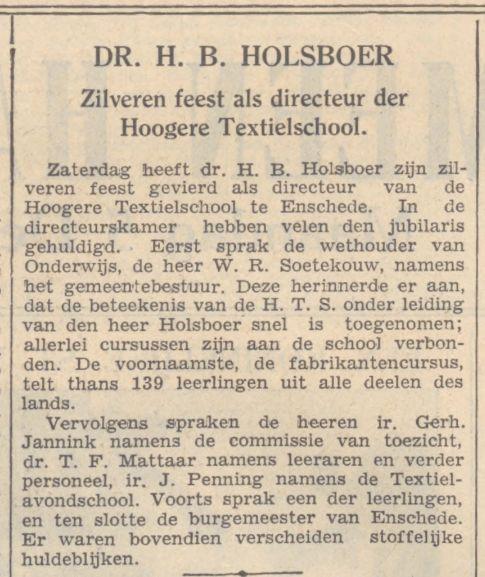 H.B. Holsboer directeur Hoogere Textielschool krantenbericht 5-12-1938.jpg