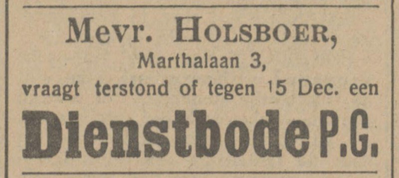 Marthalaan 3 Mevr. Holsboer advertentie Tubantia 5-11-1914.jpg