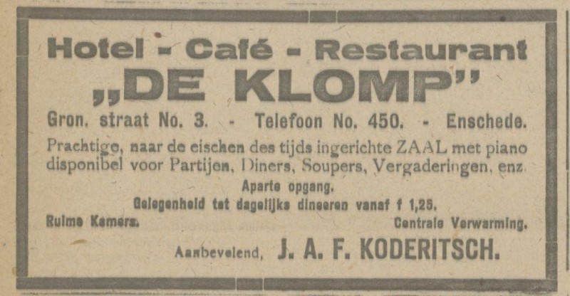 Gronausestraat 3 Hotel cafe restaurant De Klomp advertentie Tubantia 9-2-1918.jpg