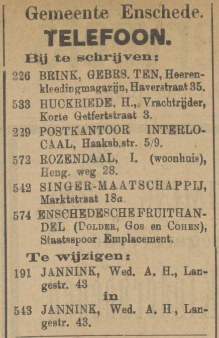Korte Getfertstraat  3 H. Huckriede vrachtrijder advertentie Tubantia 2-6-1910.jpg