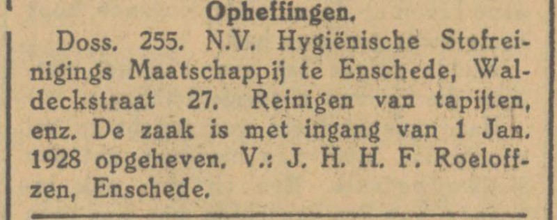 Waldeckstraat 27 Hygiënische Stofreinigings Maatschappij krantenbericht 17-10-1928.jpg
