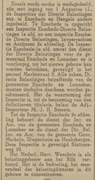 Stationsweg Inspectie Directe Belastingen, Invoerrechten en Accijnzen krantenbericht Tubantia 4-8-1923.jpg