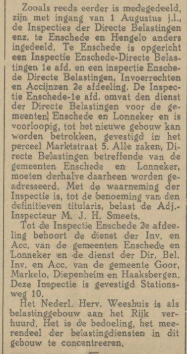 Stationsweg Inspectie Directe Belastingen, Invoerrechten en Accijnzen krantenbericht Tubantia 4-8-1923.jpg