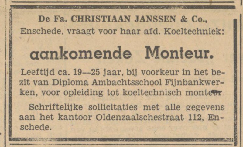 Oldenzaalsestraat 112 Christiaan Janssen & Co advertentie Tubantia 13-2-1947.jpg
