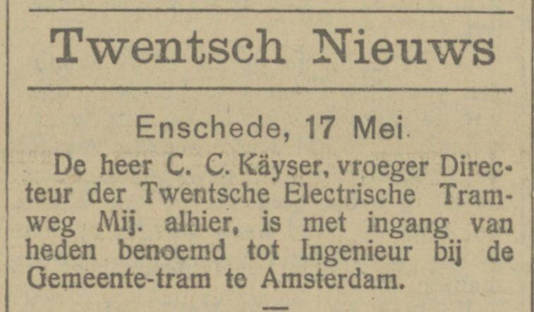 C.C. Kayser Directeur Twentsche Electrische Tramweg Mij. krantenbericht 17-5-1921.jpg