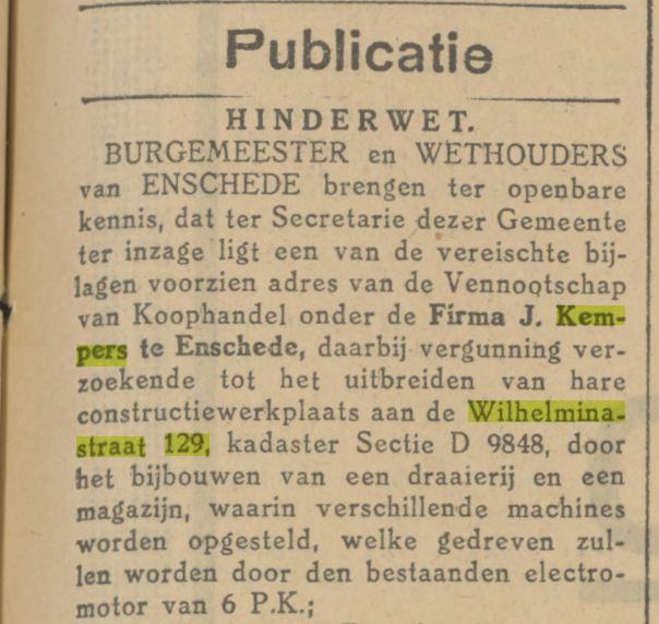Wilhelminastraat 129 Firma J. Kempers krantenbericht 17-1-1928.jpg